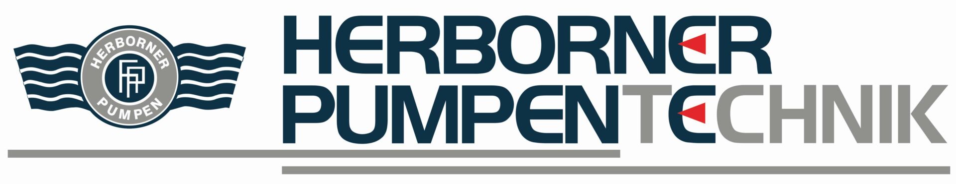 Schriftzug Herborner Pumpentechnik in dunkelblauen Großbuchstaben - davor ein Wellenlogo mit dickem grauen Kreis in der Mitte
