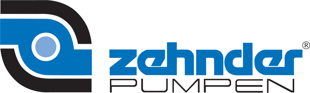Schriftzug zehnder in dicken blauen Druckbuchstaben - darunter steht in schwarz Pumpen, davor ein stilisiertes Pumpenlogo
